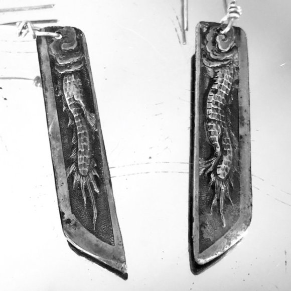 Conceptual Subculture Jewelry - Antique Dragon Export Silver Sterling Silver Handmade Victorian 925 Earrings